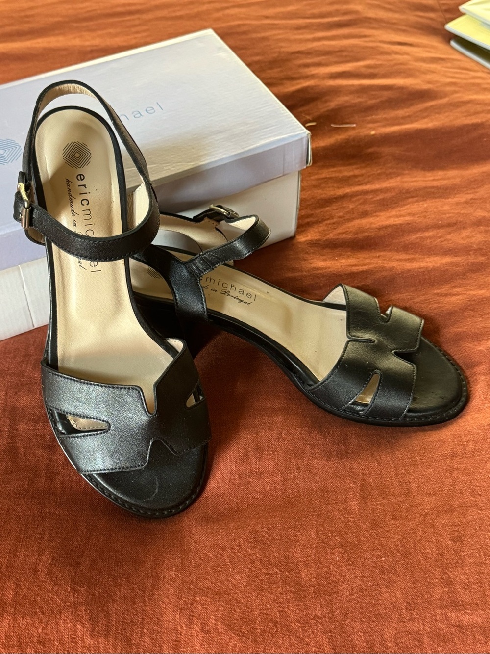 Eric Michael Black Leather Cutout Ankle-Strap Sandals